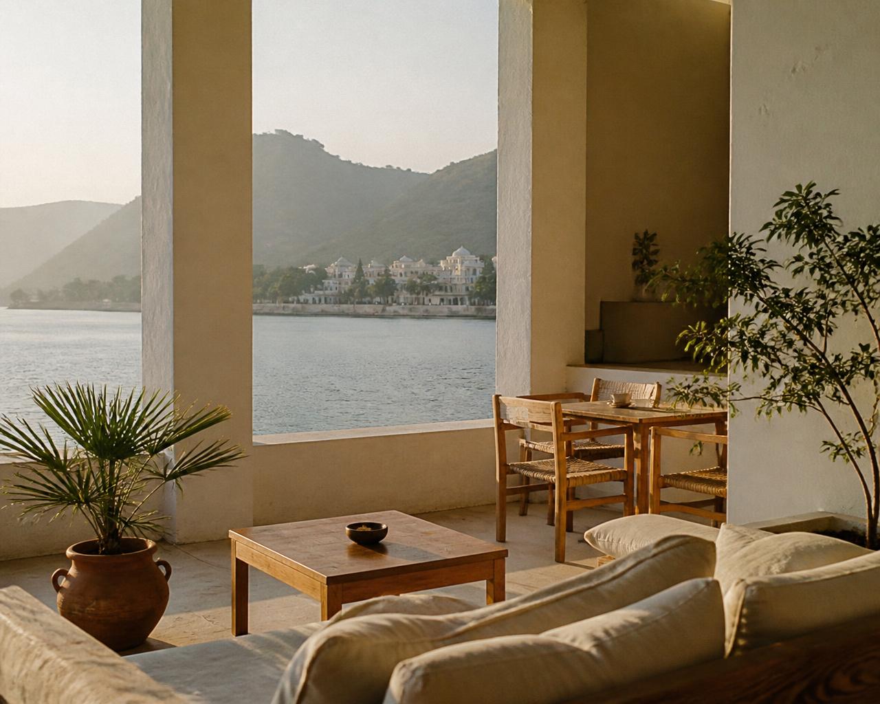 Sunlit terrace of an independent boutique stay set up for arriving guests